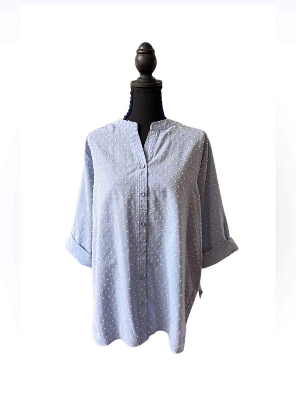 Bon Worth Blue Swiss Dot Relaxed Fit Button Down Shirt with Roll Tab Mid Sleeves